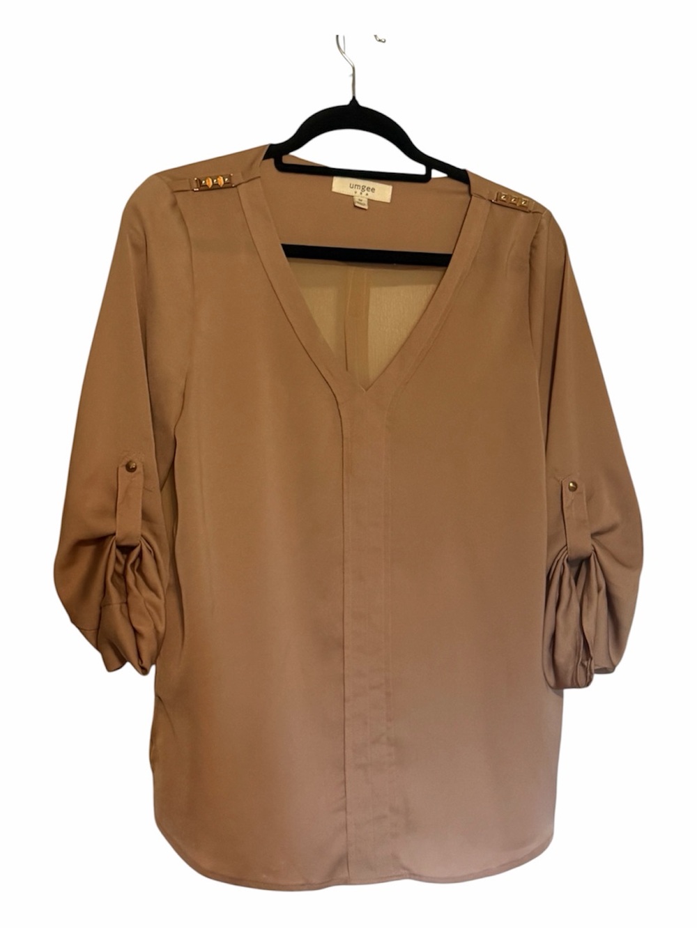 Taupe V-Neck Blouse with Buttoned Roll-Tab Sleeves